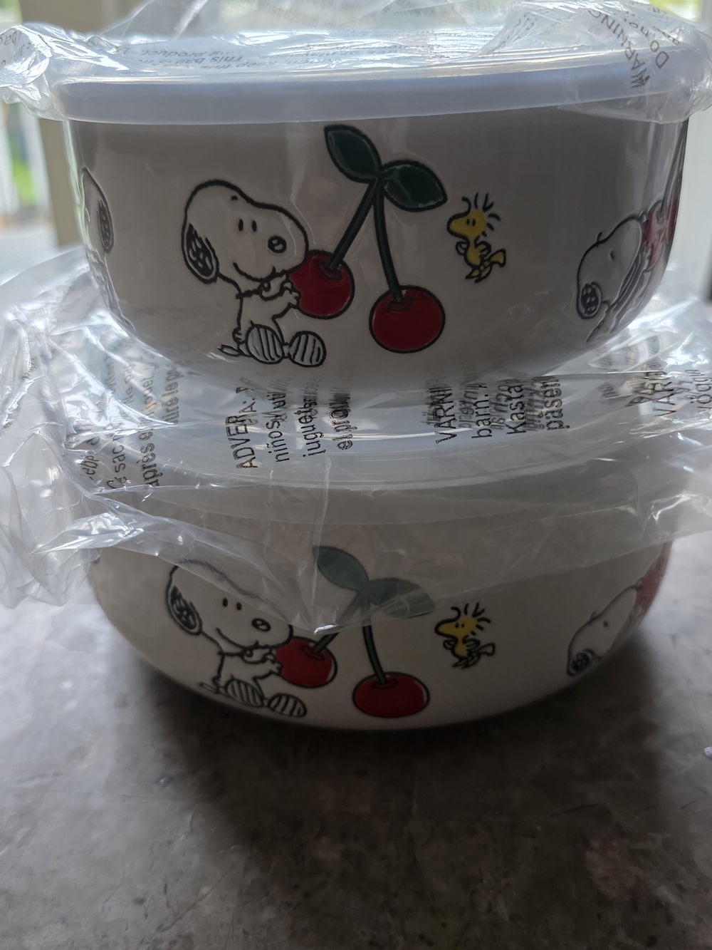 Peanuts Snoopy Woodstock Cherry Ceramic Bowls w/ Snap Lids Set of 4